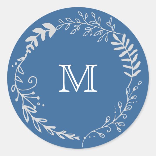 エレガントな青い及び銀製のリースの白黒結婚式 ラウンドシール (正面)