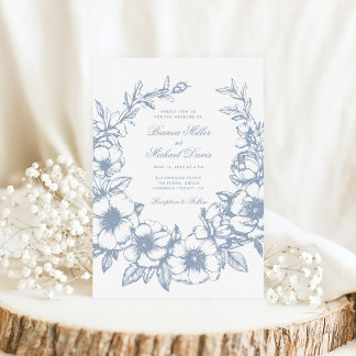 エレガントな青い手描きの花輪が咲き誇るウェディング 招待状