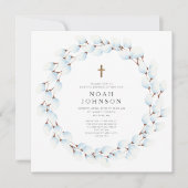 エレガントな青い植物の宗教的な男の子の洗礼 招待状 (正面)