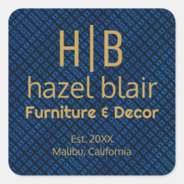 エレガントな青い模様 | ゴールドのモノグラム ビジネス ロゴ スクエアシール