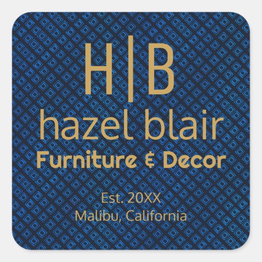 エレガントな青い模様 | ゴールドのモノグラム ビジネス ロゴ スクエアシール (正面)