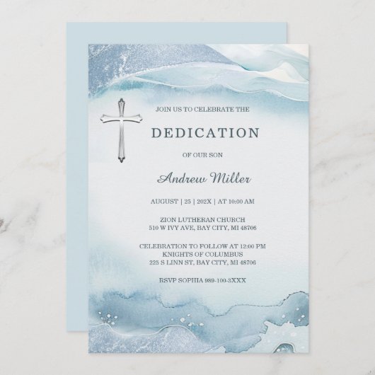 エレガントな青い水彩画の献堂式招待状(男の子用) 招待状 (正面/裏面)