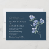 エレガントな青い水彩画の花が咲く結婚式の招待状 招待状 (正面)