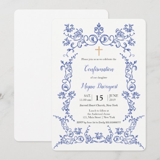 エレガントな青い確認 招待状 (正面/裏面)