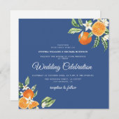 エレガントな青い花と柑橘の結婚式招待状 招待状 (正面/裏面)