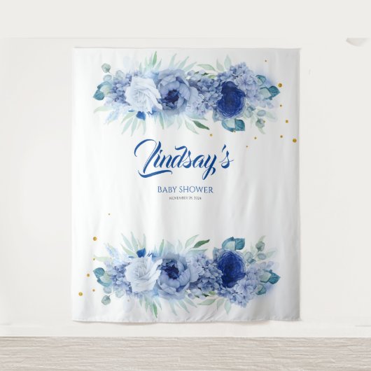 エレガントな青い花と金のコンフェッティ タペストリー (正面)