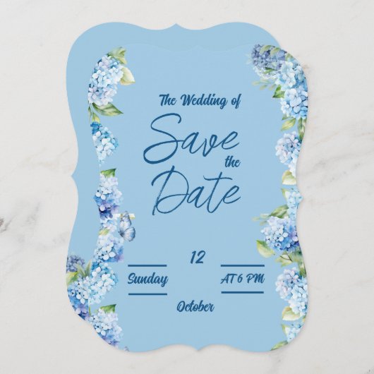 エレガントな青い花のウェディングカード 招待状 (正面/裏面)