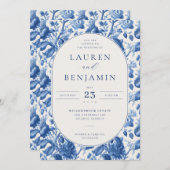 エレガントな青い花のウェディング招待状 招待状 (正面/裏面)