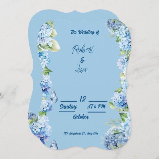 エレガントな青い花のウェディング 招待状 (正面/裏面)