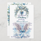 エレガントな青い花のクロス洗礼 招待状 (正面/裏面)