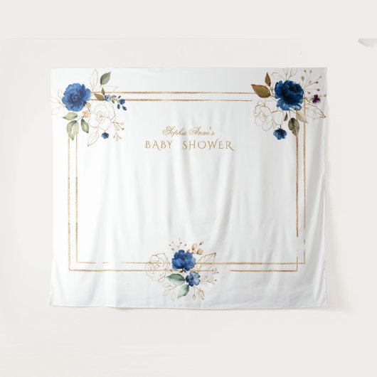 エレガントな青い花のゴールドの男の子のベビーシャワープロップ タペストリー (正面(横))