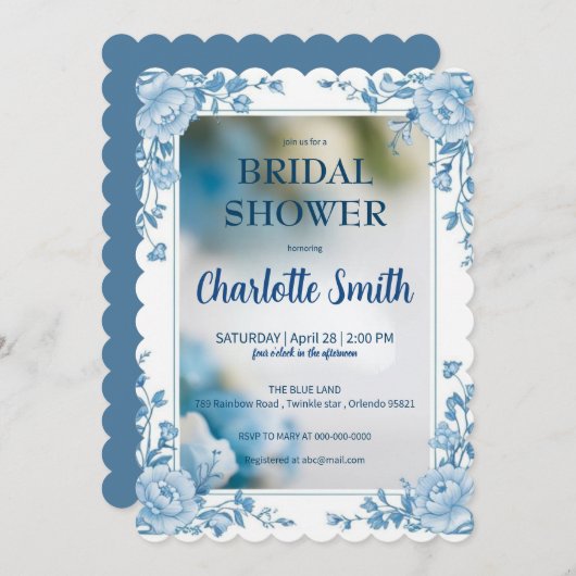 エレガントな青い花のシノワズリーブライダルシャワー セーブザデート (正面/裏面)