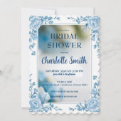 エレガントな青い花のチャイナペイント ブライダルシャワー セーブザデート (正面)