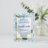 エレガントな青い花のチャイナペイント ブライダルシャワー ポストカード (スタンド正面)