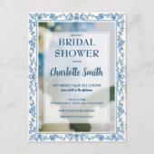 エレガントな青い花のチャイナペイント ブライダルシャワー ポストカード (正面)