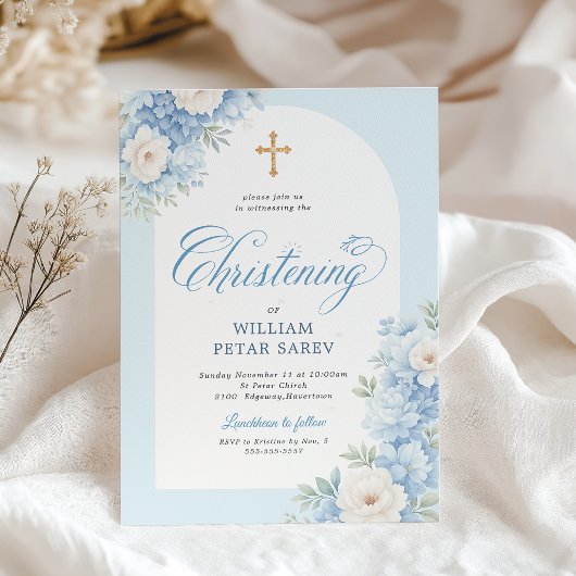 エレガントな青い花のデザインの洗礼招待状（クロス付き） 招待状