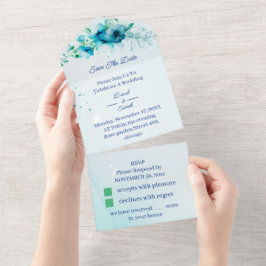 エレガントな青い花のデザイン お二人だけの特別な「Save The Date」 オールインワン招待状