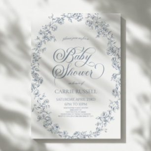 エレガントな青い花のバラのラインアートベビーシャワー 招待状