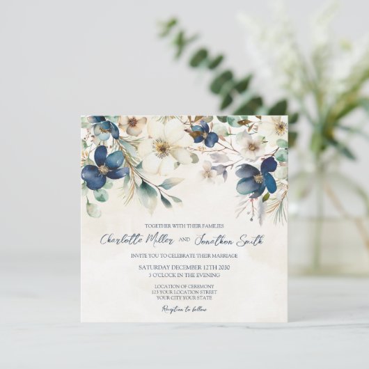 エレガントな青い花の冬の結婚式招待状 招待状 (スタンド正面)