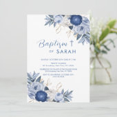 エレガントな青い花の洗礼 誕生十字 招待状 (スタンド正面)