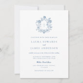 エレガントな青い花の紋章のストライプの背景のウェディング 招待状 (正面)