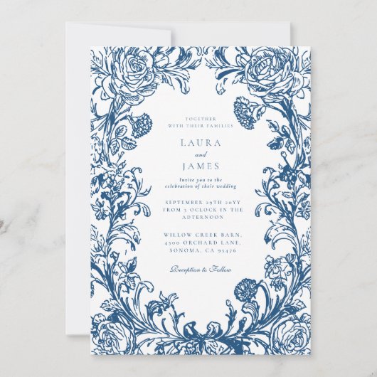 エレガントな青い花の紋章のストライプの背景のウェディング 招待状 (正面)