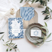 エレガントな青い花の紋章のストライプの背景のウェディング 招待状