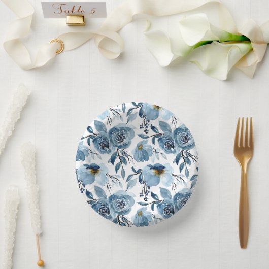 エレガントな青い花の葉と白のパーティー ペーパーボウル (ウェディング)