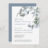 エレガントな青い花の25周年結婚記念日 招待状 (正面/裏面)