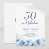 エレガントな青い花の50歳の誕生日 招待状 (正面/裏面)