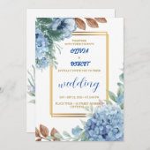 エレガントな青い花模様に金のフレーム 招待状 (正面/裏面)