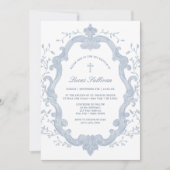 エレガントな青い葉の紋章 洗礼招待状 招待状 (正面)