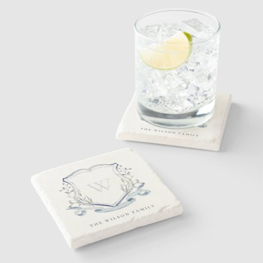 エレガントな青い野の花の水彩モノグラムクレスト ストーンコースター (横)