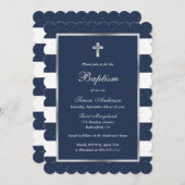 エレガントな青い銀の十字架の少年洗礼 招待状 (正面/裏面)