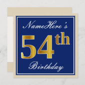 エレガントな青と偽の金のコラボレーション　54歳の誕生日＋名前 招待状 (正面/裏面)