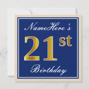 エレガントな青と偽の金のコーティングが施された21歳の誕生日プレート+名前 招待状