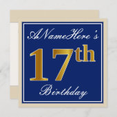 エレガントな青と偽の金のコーティングを施した17歳の誕生日プレート＋名前 招待状 (正面/裏面)
