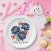 エレガントな青と焦橙の花のウェディング ペーパープレート (パーティー)