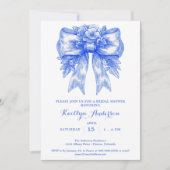 エレガントな青と白のシノワズリー ブライダルシャワー 招待状 (正面)