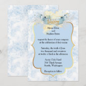 エレガントな青と白のシャンパン ウェディング 招待状 (正面/裏面)