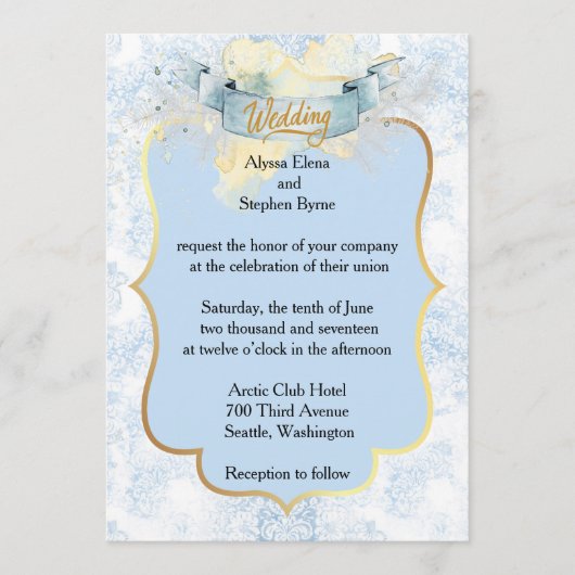 エレガントな青と白のシャンパン ウェディング 招待状 (正面)