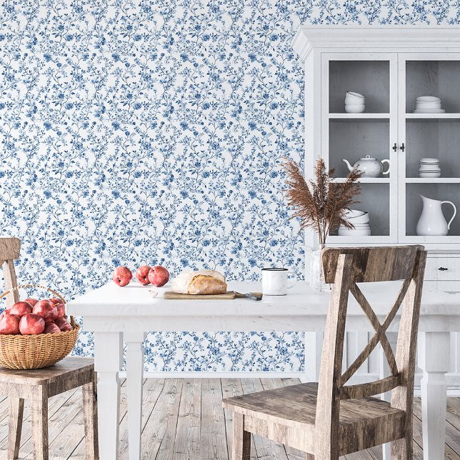 エレガントな青と白のトワル・フラワーパターン 壁紙 (Elegant toile blue and white floral botanical print - chic, elegant style for your home)