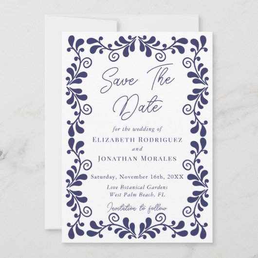 エレガントな青と白のメキシコ フィエスタ タラベラ フォト セーブザデート (正面)