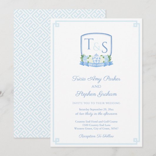 エレガントな青と白の水彩画のクレスト結婚式 招待状 (正面/裏面)