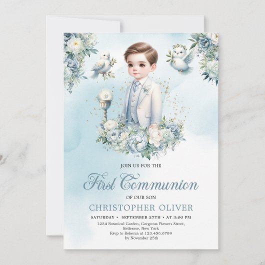 エレガントな青と白の花の賢い初聖体拝領 招待状 (正面)