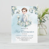 エレガントな青と白の花の賢い初聖体拝領 招待状 (スタンド正面)