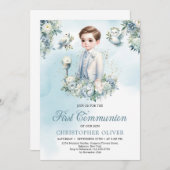 エレガントな青と白の花の賢い初聖体拝領 招待状 (正面/裏面)
