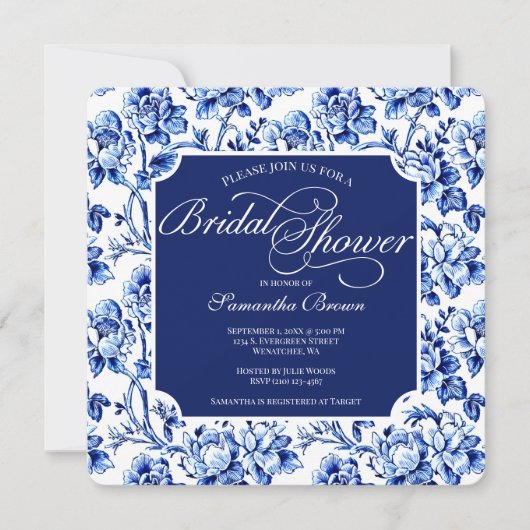 エレガントな青と白の花柄トワル ブライダルシャワー 招待状 (正面)