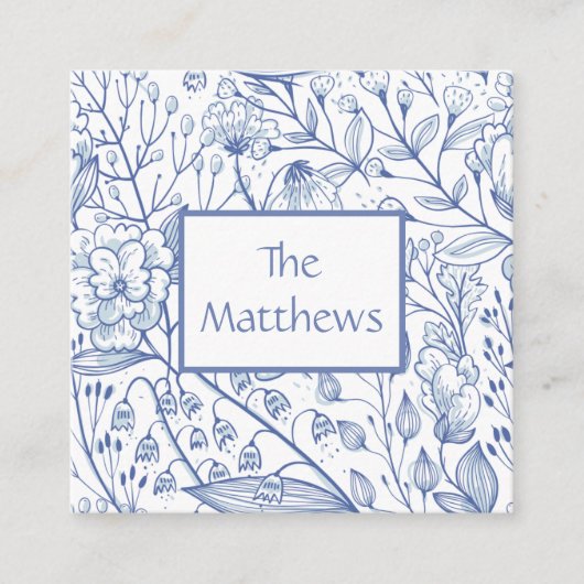エレガントな青と白の花模様 エンクロージャーカード (正面)