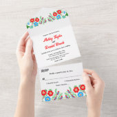 エレガントな青と赤のバラのボタニカル フラワー ウェディング オールインワン招待状 (貼ってはがせる)